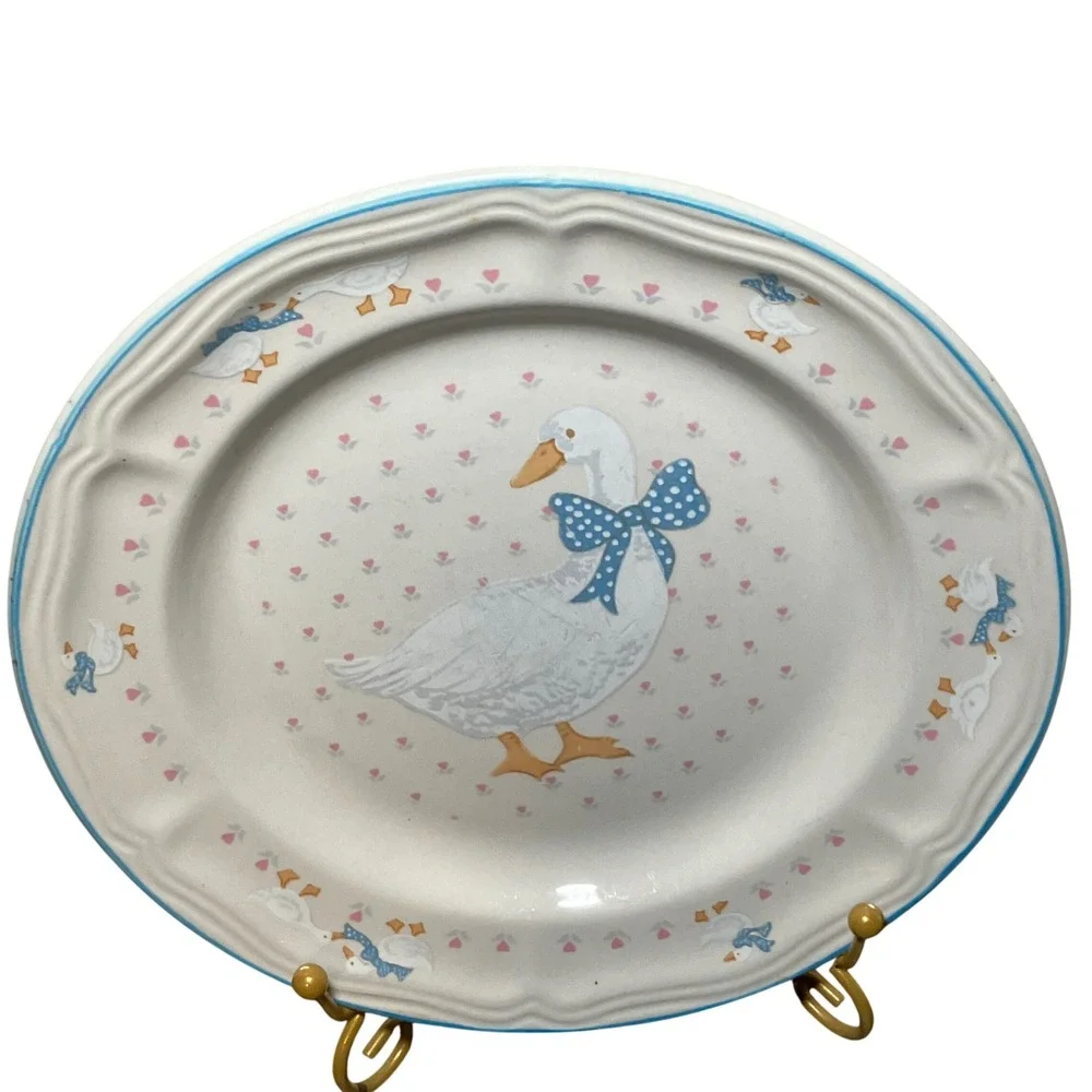 Brick Oven Stoneware Plate Saucer Set White Blue Country Goose Good Condition